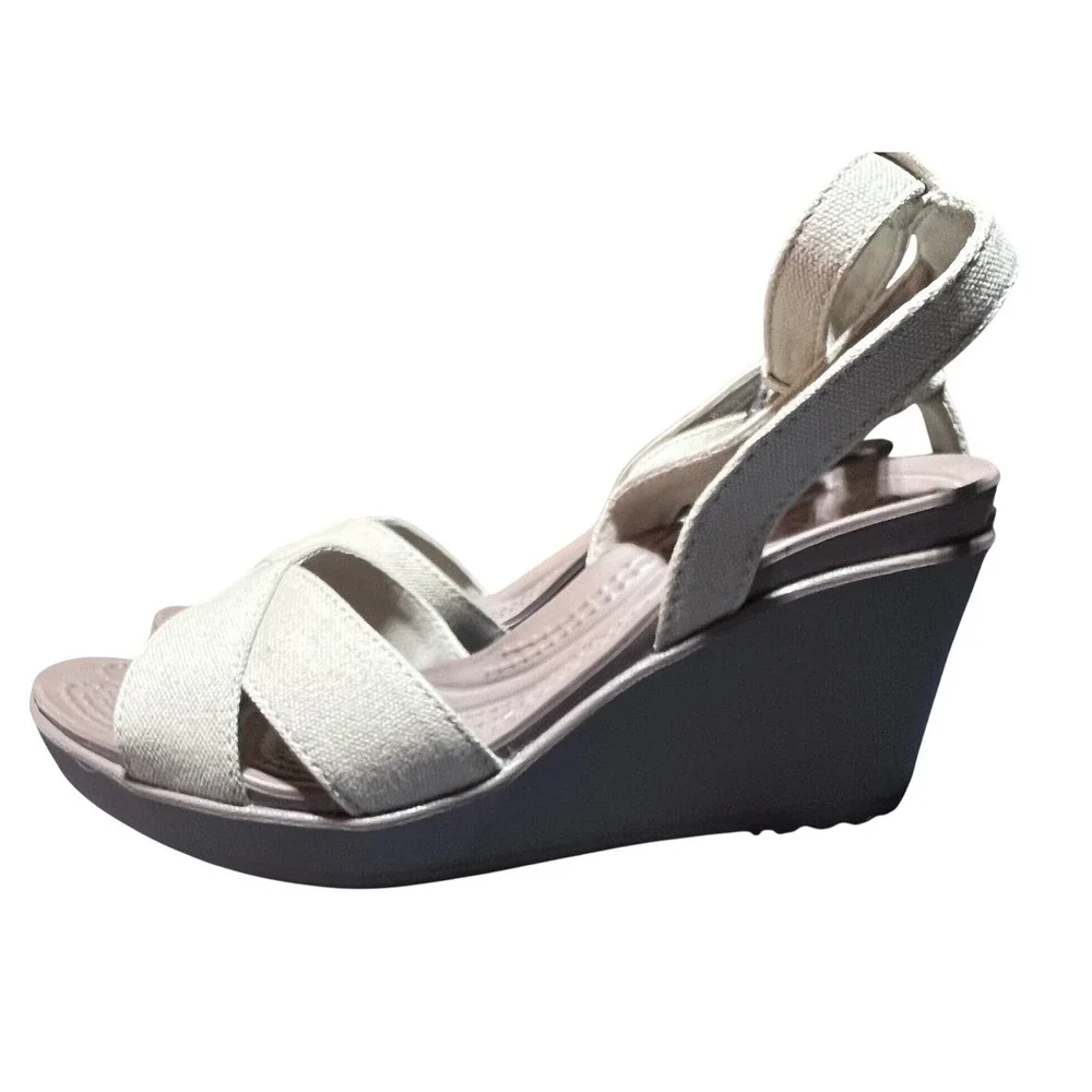 Crocs Leigh II Ankle Strap Wedge Sandals Oatmeal Mushroom Canvas Womens 5